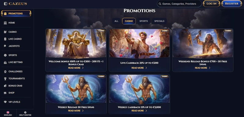 Cazeus Casino promotions page